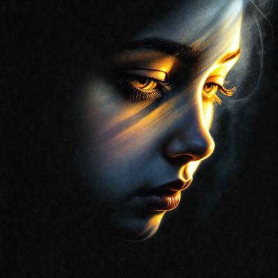 The primary subject of the image is a close-up of a woman's face, with her eyes being the main focus. The setting is a dark background, which contrasts with the woman's face, making her features stand out. The visual style is a digital art or illustration, as the image is a detailed and artistic representation of the woman's face. The colors and mood of the image are predominantly dark, with the woman's eyes being the only bright spot, creating a dramatic and intense